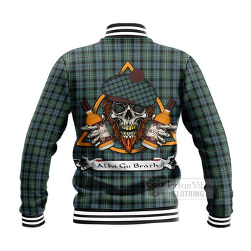 Melville Tartan Baseball Jacket with Family Crest and Bearded Skull Holding Bottles of Whiskey - Tartan Vibes Clothing