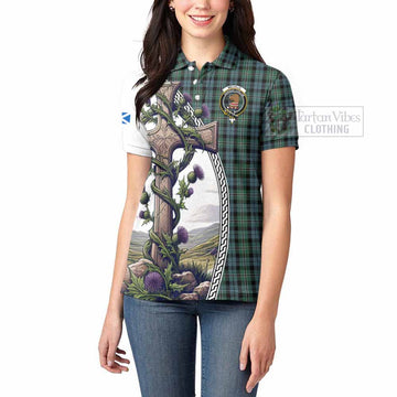 Melville Tartan Women's Polo Shirt with Family Crest and St. Andrew's Cross Accented by Thistle Vines - Tartan Vibes Clothing
