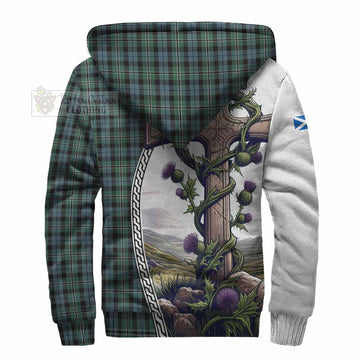 Melville Tartan Sherpa Hoodie with Family Crest and St. Andrew's Cross Accented by Thistle Vines - Tartan Vibes Clothing