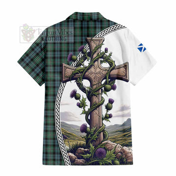 Melville Tartan Hawaiian Shirt with Family Crest and St. Andrew's Cross Accented by Thistle Vines - Tartan Vibes Clothing
