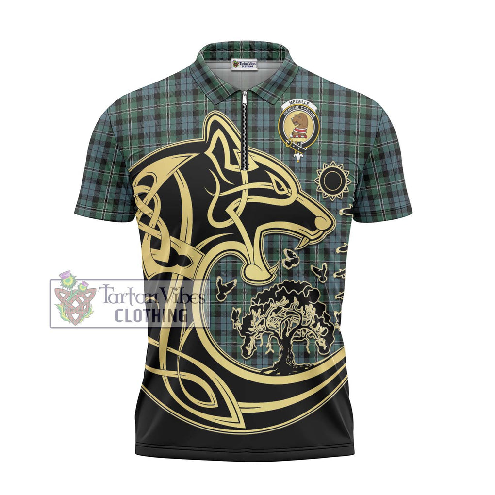 Melville Tartan Zipper Polo Shirt with Family Crest Celtic Wolf Style - Tartan Vibes Clothing