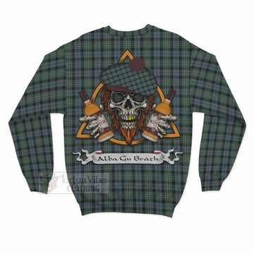 Melville Tartan Sweatshirt with Family Crest and Bearded Skull Holding Bottles of Whiskey - Tartan Vibes Clothing