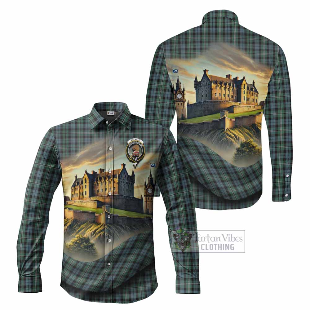 Tartan Vibes Clothing Melville Tartan Family Crest Long Sleeve Button Shirt with Scottish Ancient Castle Style