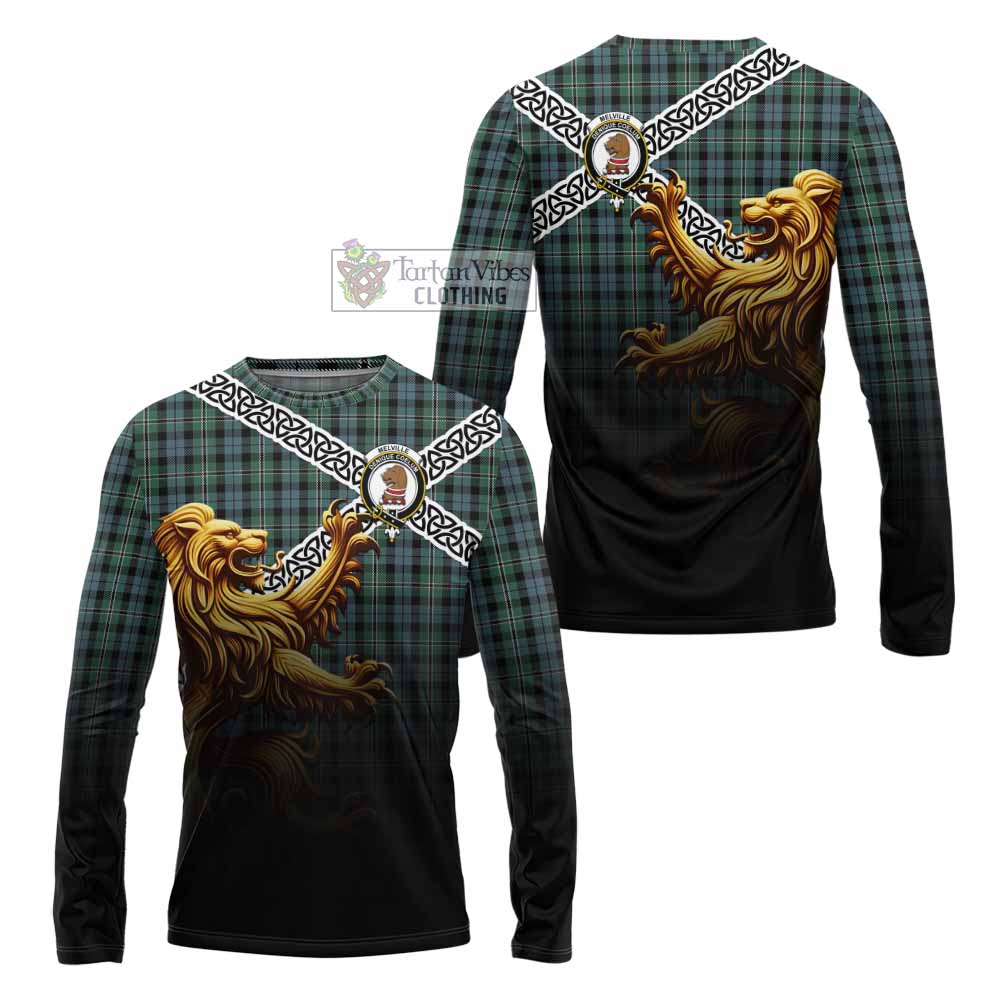 Melville Crest Tartan Long Sleeve T-Shirt with Golden Lion Emblem Celtic Style - Tartan Vibes Clothing