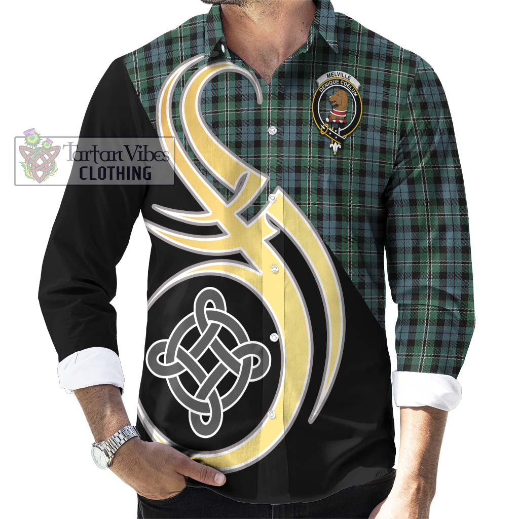 Melville Tartan Long Sleeve Button Shirt with Family Crest and Celtic Symbol Style - Tartan Vibes Clothing