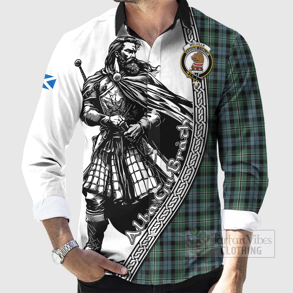 Melville Tartan Clan Crest Long Sleeve Button Shirt with Highlander Warrior Celtic Style - Tartan Vibes Clothing