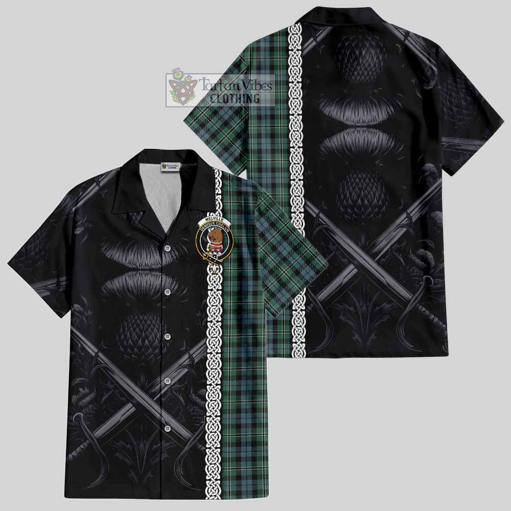 Melville Tartan Hawaiian Shirt with Family Crest Cross Sword Thistle Celtic Vibes - Tartan Vibes Clothing