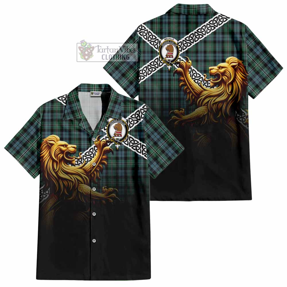 Melville Crest Tartan Hawaiian Shirt with Golden Lion Emblem Celtic Style - Tartan Vibes Clothing