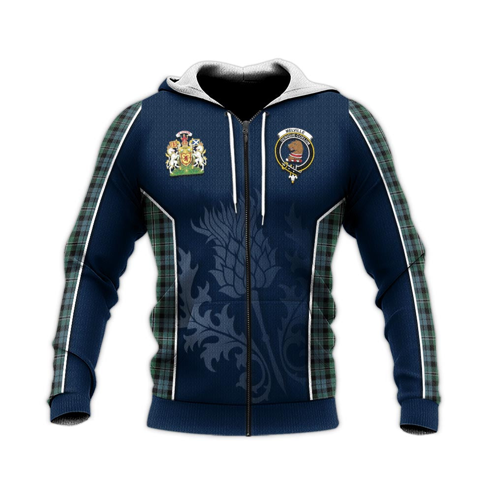 Tartan Vibes Clothing Melville Tartan Knitted Hoodie with Family Crest and Scottish Thistle Vibes Sport Style