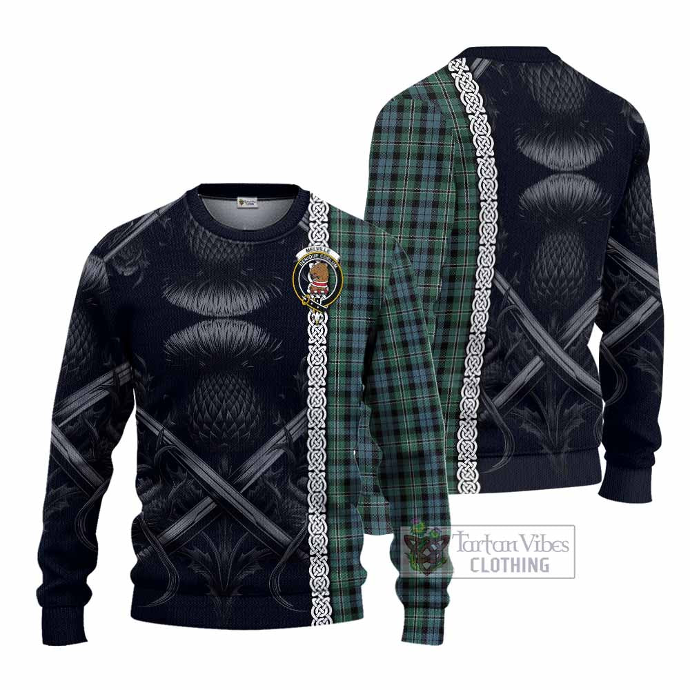Melville Tartan Knitted Sweater with Family Crest Cross Sword Thistle Celtic Vibes - Tartan Vibes Clothing