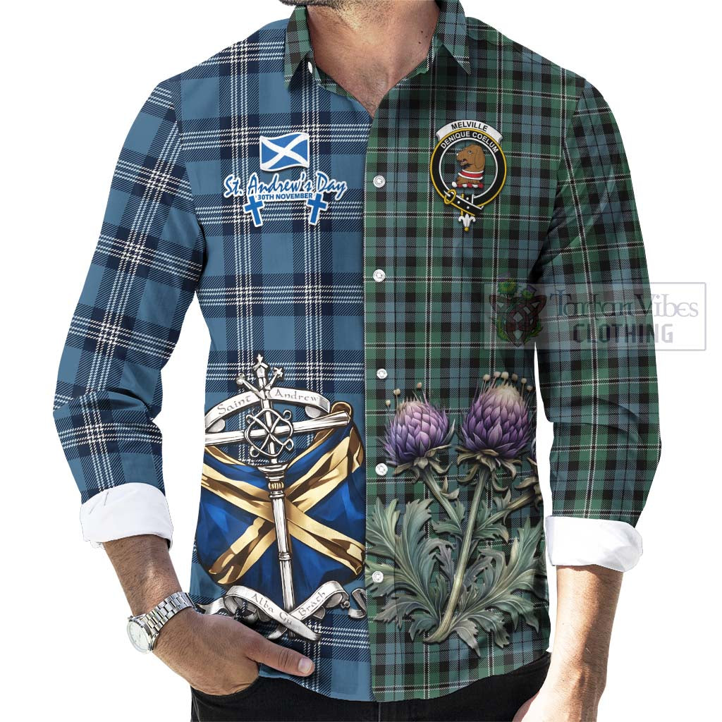 Melville Tartan Long Sleeve Button Shirt Happy St. Andrew's Day Half Tartan Style - Tartan Vibes Clothing