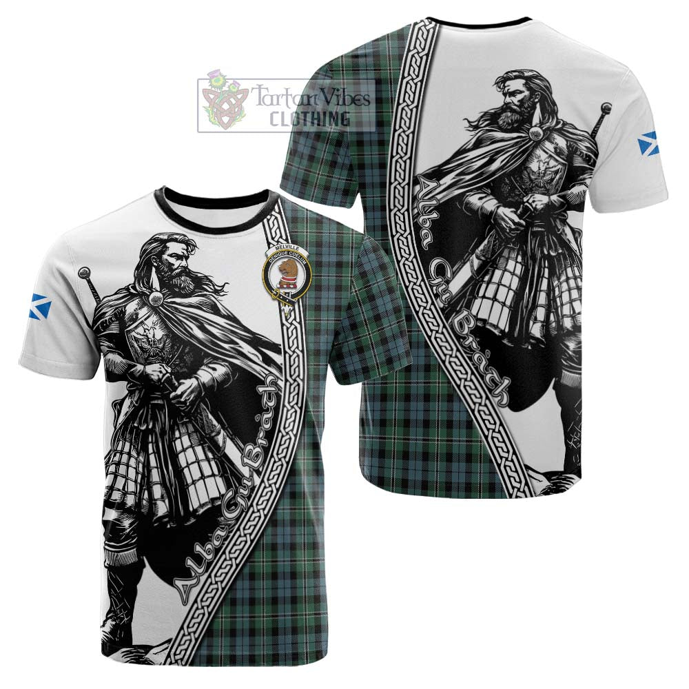 Melville Tartan Clan Crest Cotton T-shirt with Highlander Warrior Celtic Style - Tartan Vibes Clothing
