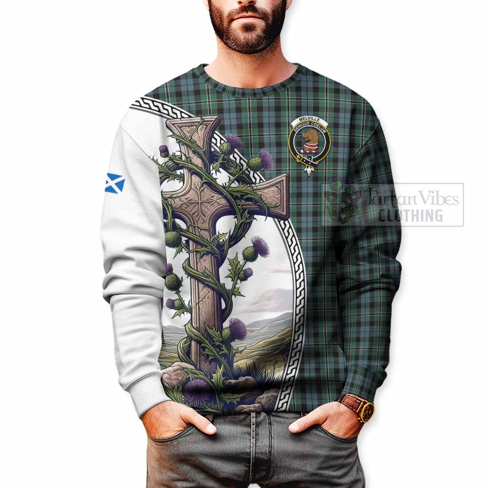 Melville Tartan Sweatshirt with Family Crest and St. Andrew's Cross Accented by Thistle Vines - Tartan Vibes Clothing