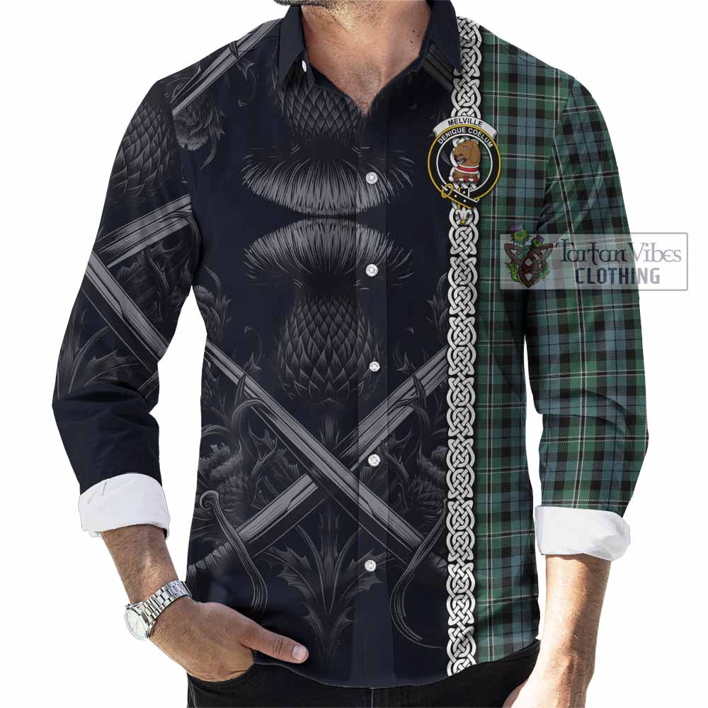 Tartan Vibes Clothing Melville Tartan Long Sleeve Button Shirt with Family Crest Cross Sword Thistle Celtic Vibes