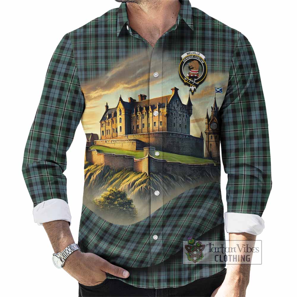 Tartan Vibes Clothing Melville Tartan Family Crest Long Sleeve Button Shirt with Scottish Ancient Castle Style