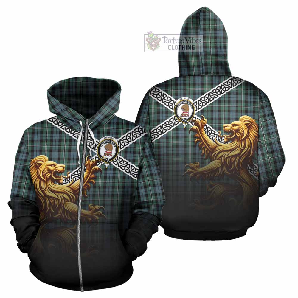 Melville Crest Tartan Hoodie with Golden Lion Emblem Celtic Style Zip Hoodie - Tartan Vibes Clothing
