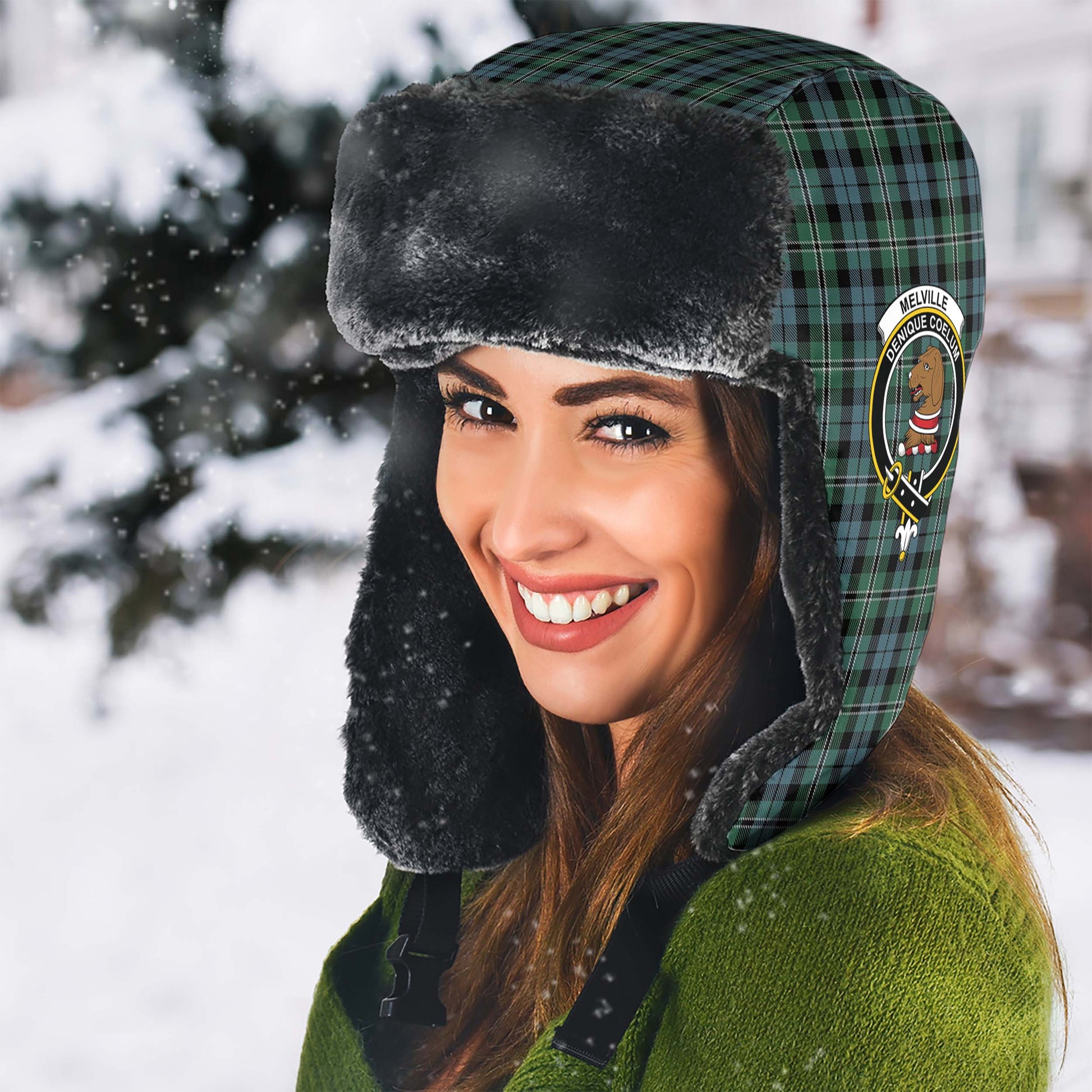 Melville Tartan Winter Trapper Hat with Family Crest - Tartan Vibes Clothing