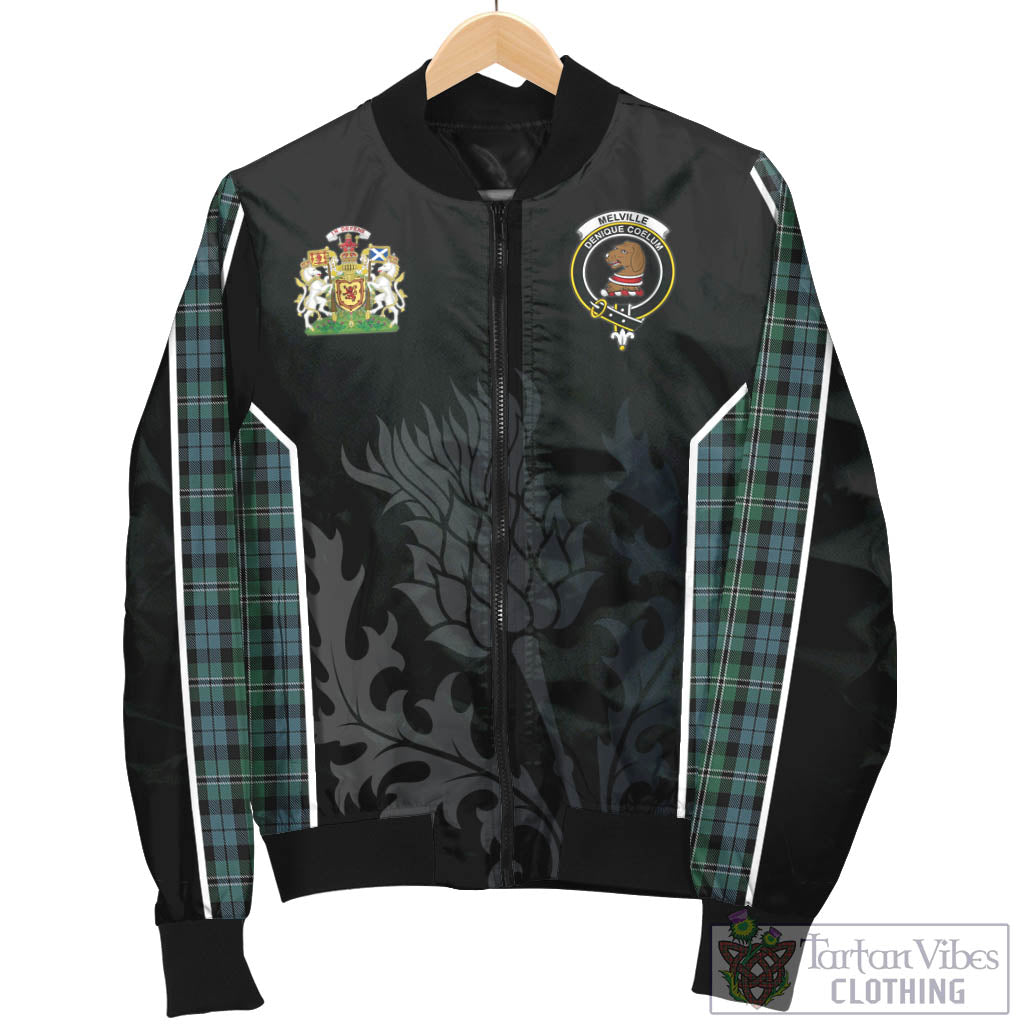 Melville Tartan Bomber Jacket with Family Crest and Scottish Thistle Vibes Sport Style - Tartan Vibes Clothing