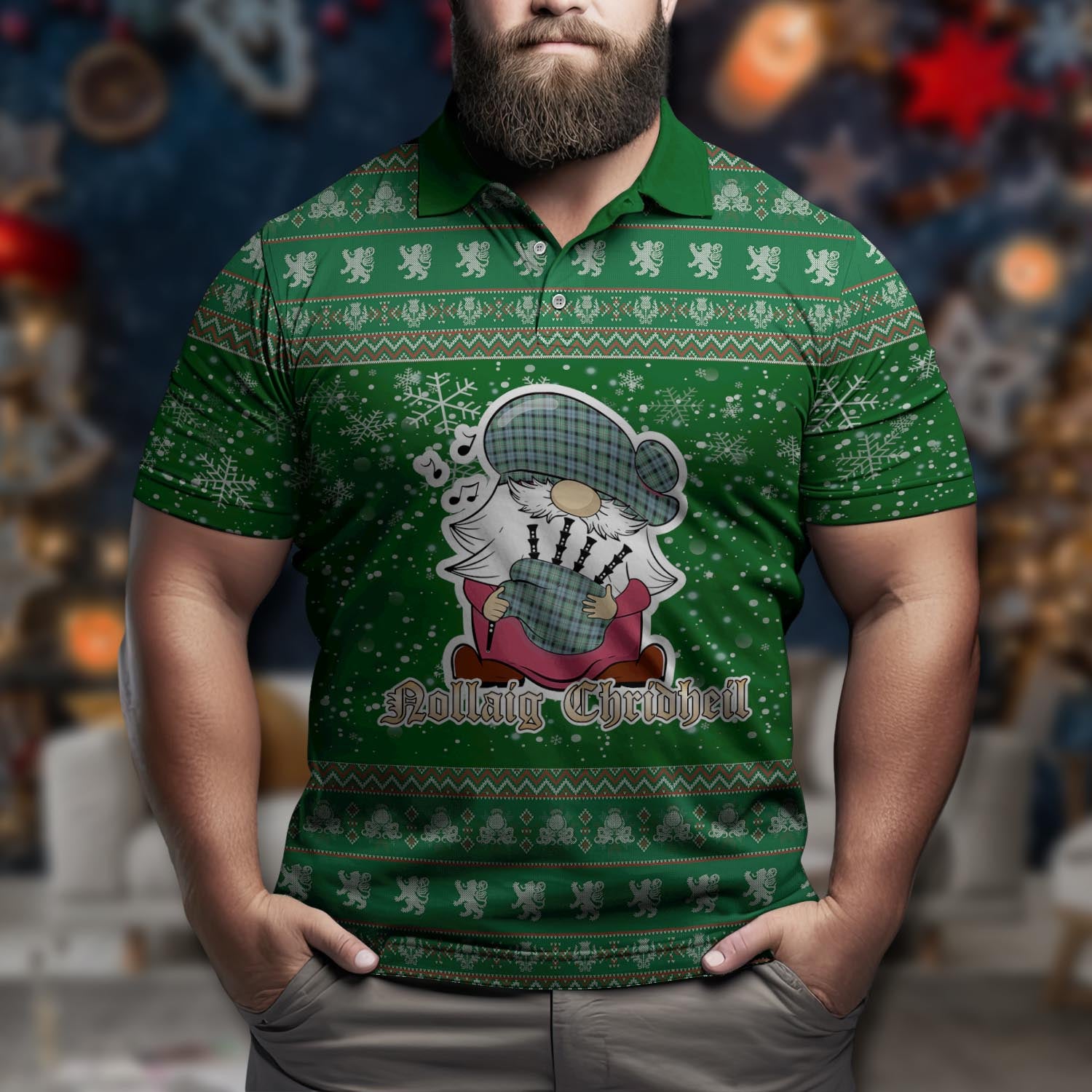 Melville Ancient Clan Christmas Family Polo Shirt with Funny Gnome Playing Bagpipes Men's Polo Shirt Green - Tartanvibesclothing