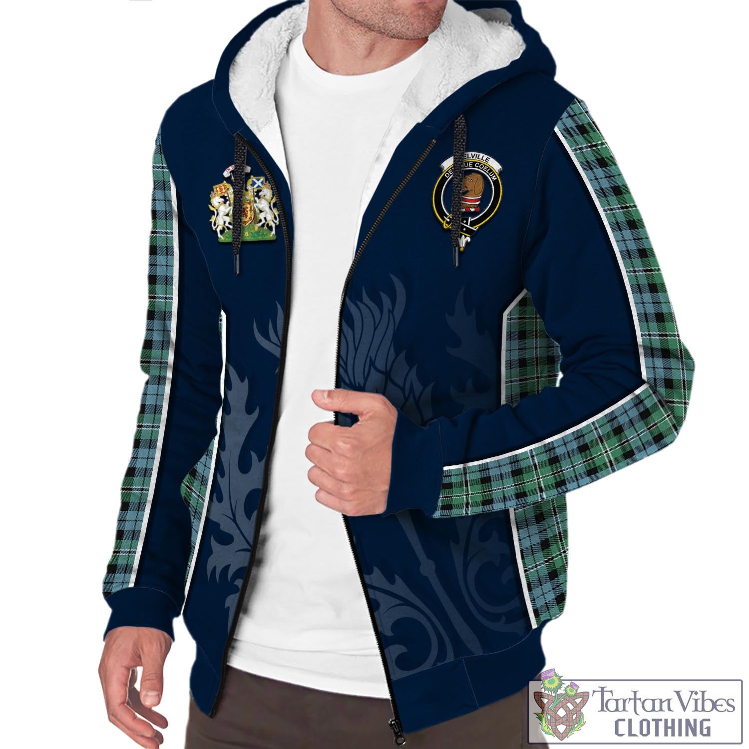 Tartan Vibes Clothing Melville Ancient Tartan Sherpa Hoodie with Family Crest and Scottish Thistle Vibes Sport Style