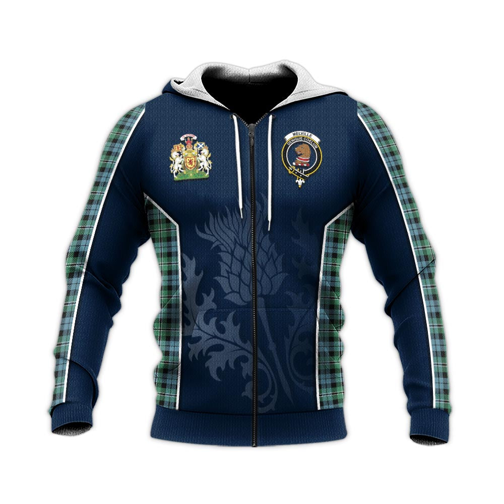 Tartan Vibes Clothing Melville Ancient Tartan Knitted Hoodie with Family Crest and Scottish Thistle Vibes Sport Style