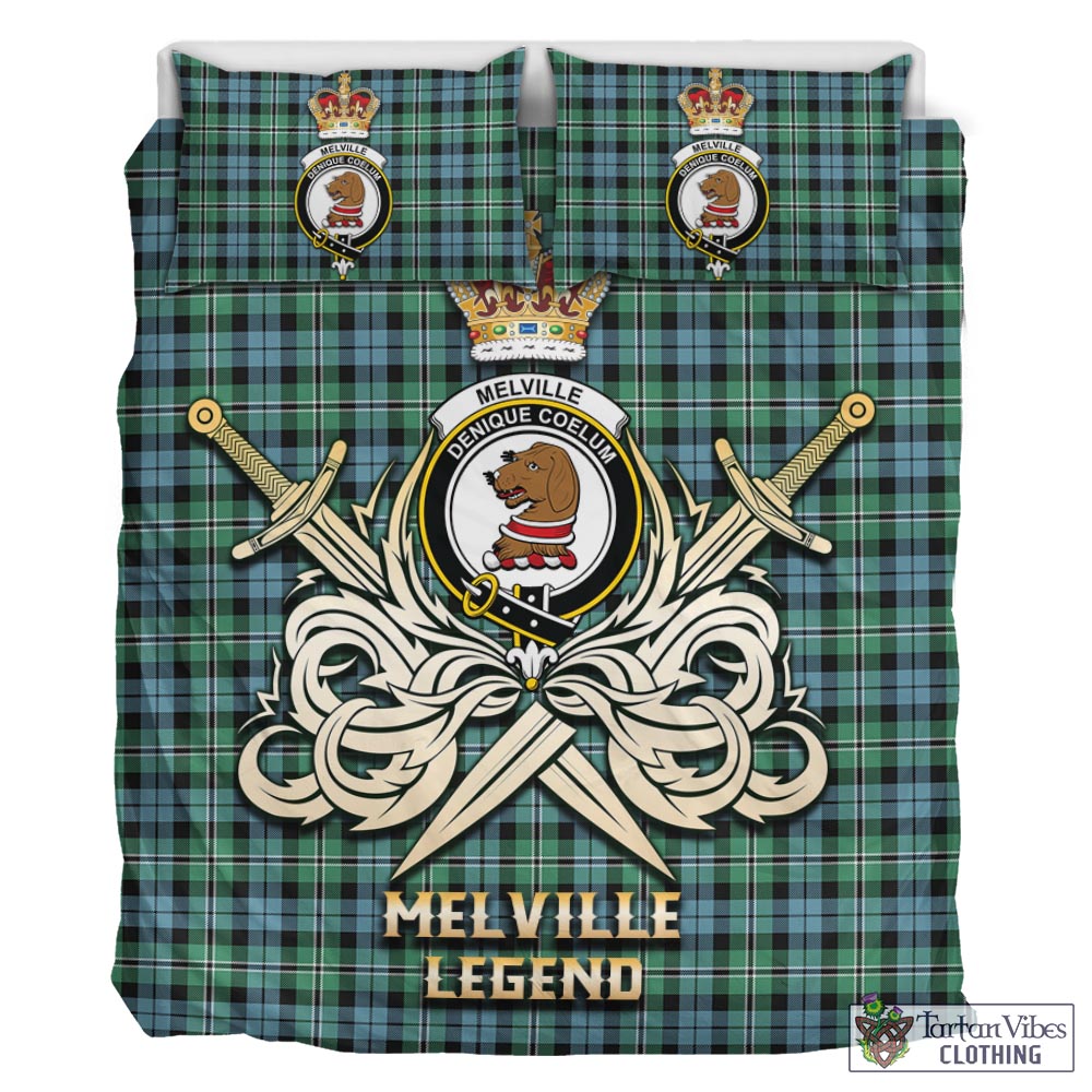 Tartan Vibes Clothing Melville Ancient Tartan Bedding Set with Clan Crest and the Golden Sword of Courageous Legacy