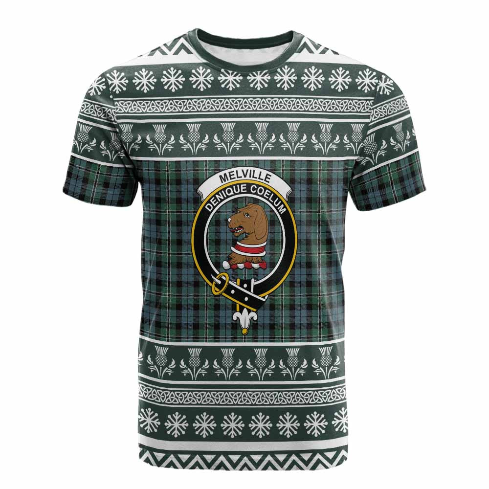 Melville Clan Tartan Christmas Cotton T-shirt with Family Crest - Tartan Vibes Clothing