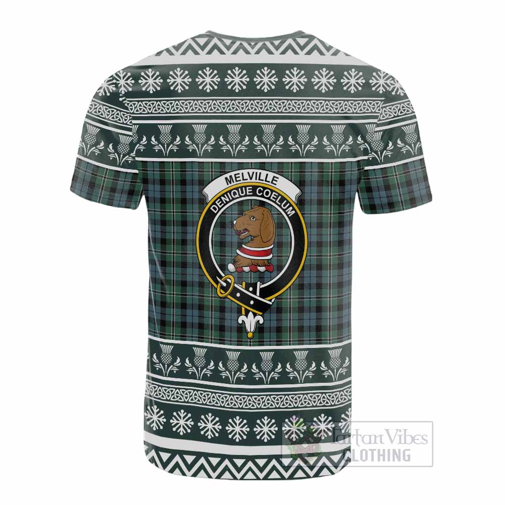 Melville Clan Tartan Christmas Cotton T-shirt with Family Crest - Tartan Vibes Clothing