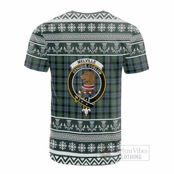 Melville Clan Tartan Christmas Cotton T-shirt with Family Crest