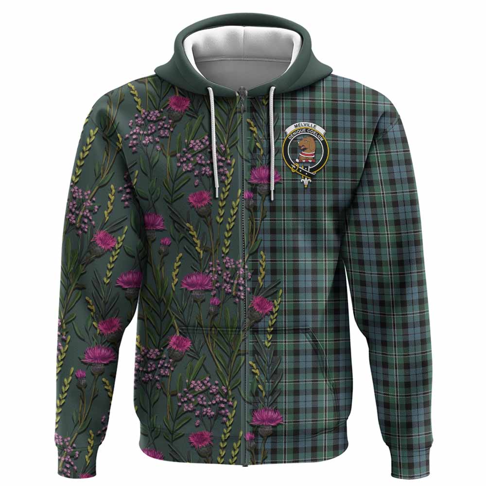 Melville Family Crest Tartan Hoodie Scottish Thistle Flower Pattern Half Style - Tartan Vibes Clothing