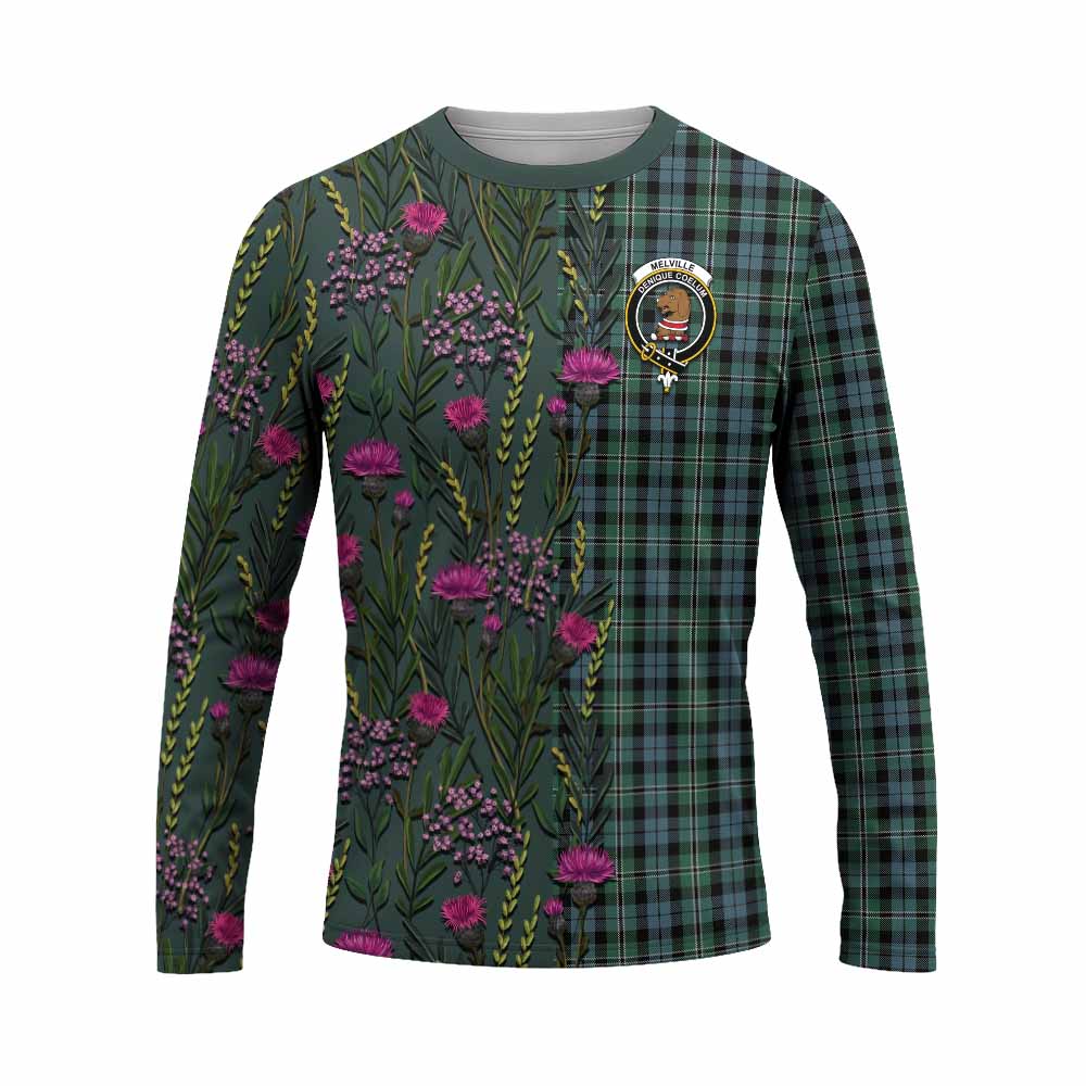 Melville Family Crest Tartan Long Sleeve T-Shirt Scottish Thistle Flower Pattern Half Style - Tartan Vibes Clothing