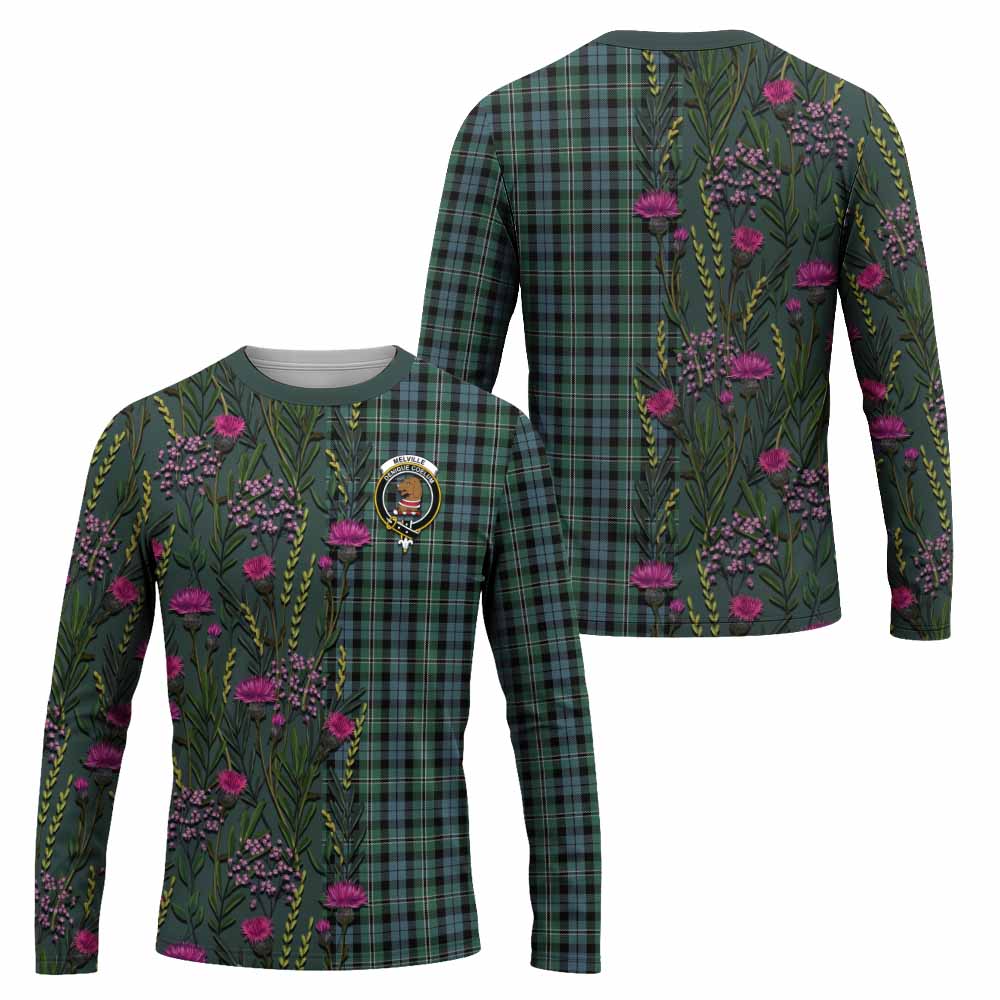 Melville Family Crest Tartan Long Sleeve T-Shirt Scottish Thistle Flower Pattern Half Style - Tartan Vibes Clothing