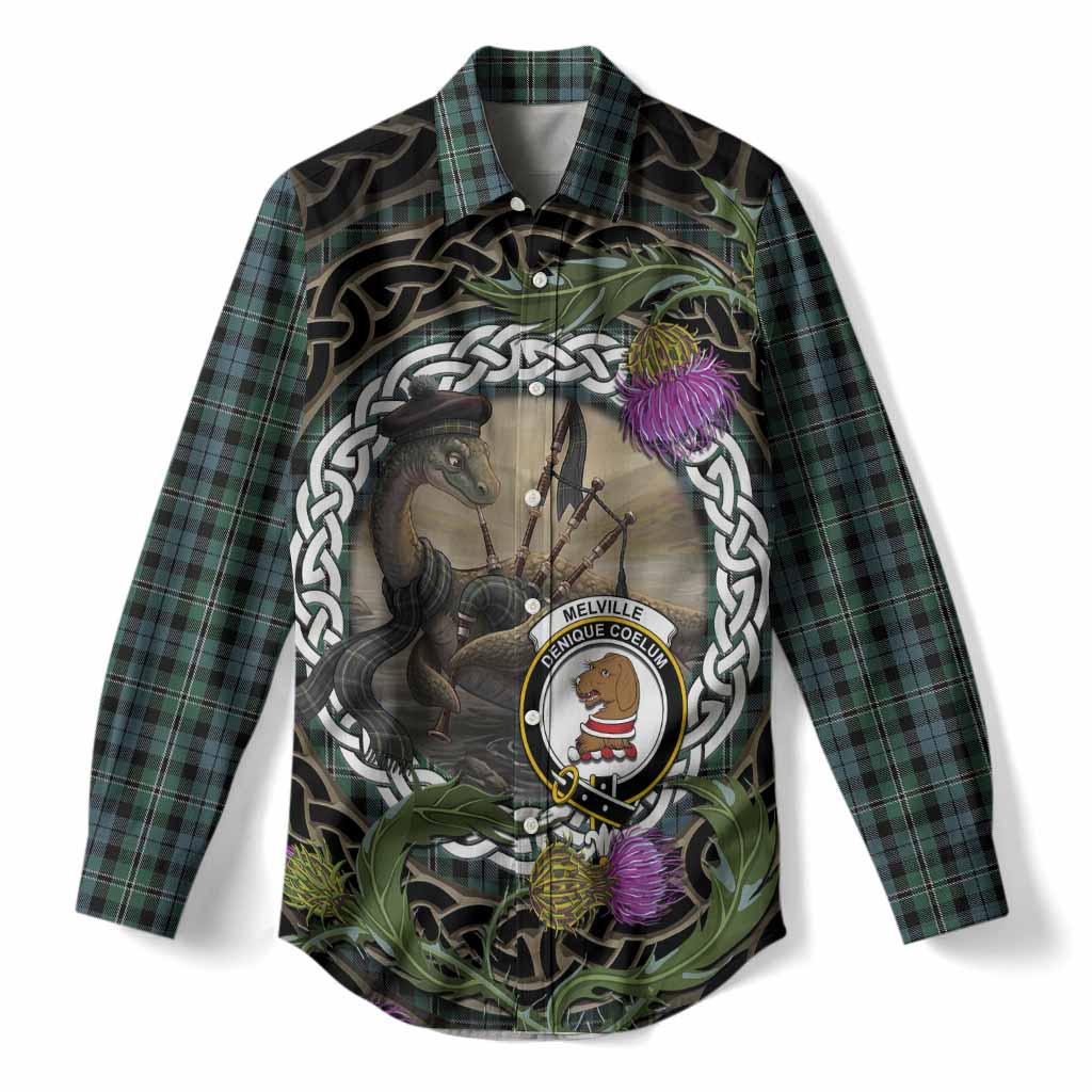 Melville Tartan Crest Bagpipe Nessie Women Casual Shirt Scottish Loch Ness Monster Celtic Thistle
