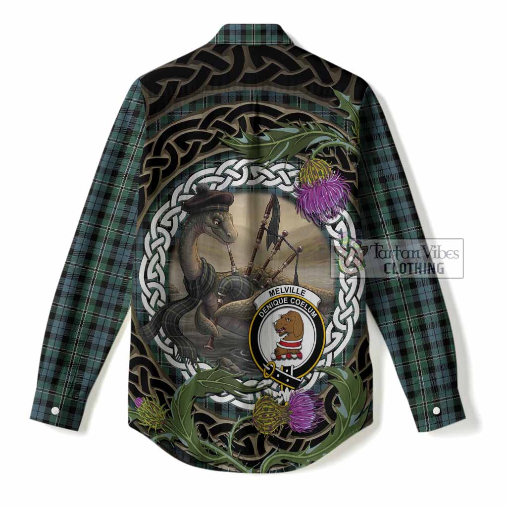 Melville Tartan Crest Bagpipe Nessie Women Casual Shirt Scottish Loch Ness Monster Celtic Thistle