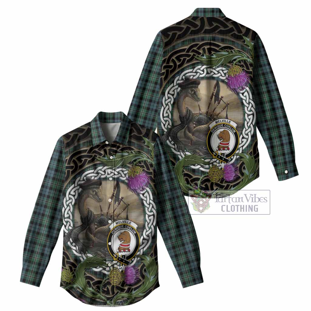Melville Tartan Crest Bagpipe Nessie Women Casual Shirt Scottish Loch Ness Monster Celtic Thistle