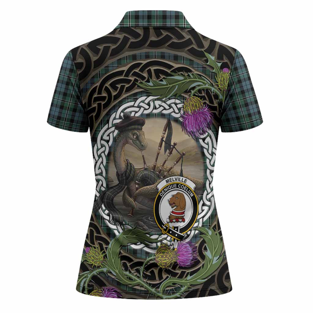 Melville Tartan Crest Bagpipe Nessie Women Polo Shirt Scottish Loch Ness Monster Celtic Thistle