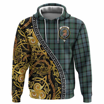 Melville Tartan Crest Hoodie Celtic Knot and Triple Trickle Spiral Symbols