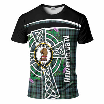 Melville Tartan Crest T-Shirt Scottish Thistle Celtic Cross Alba Gu Brath