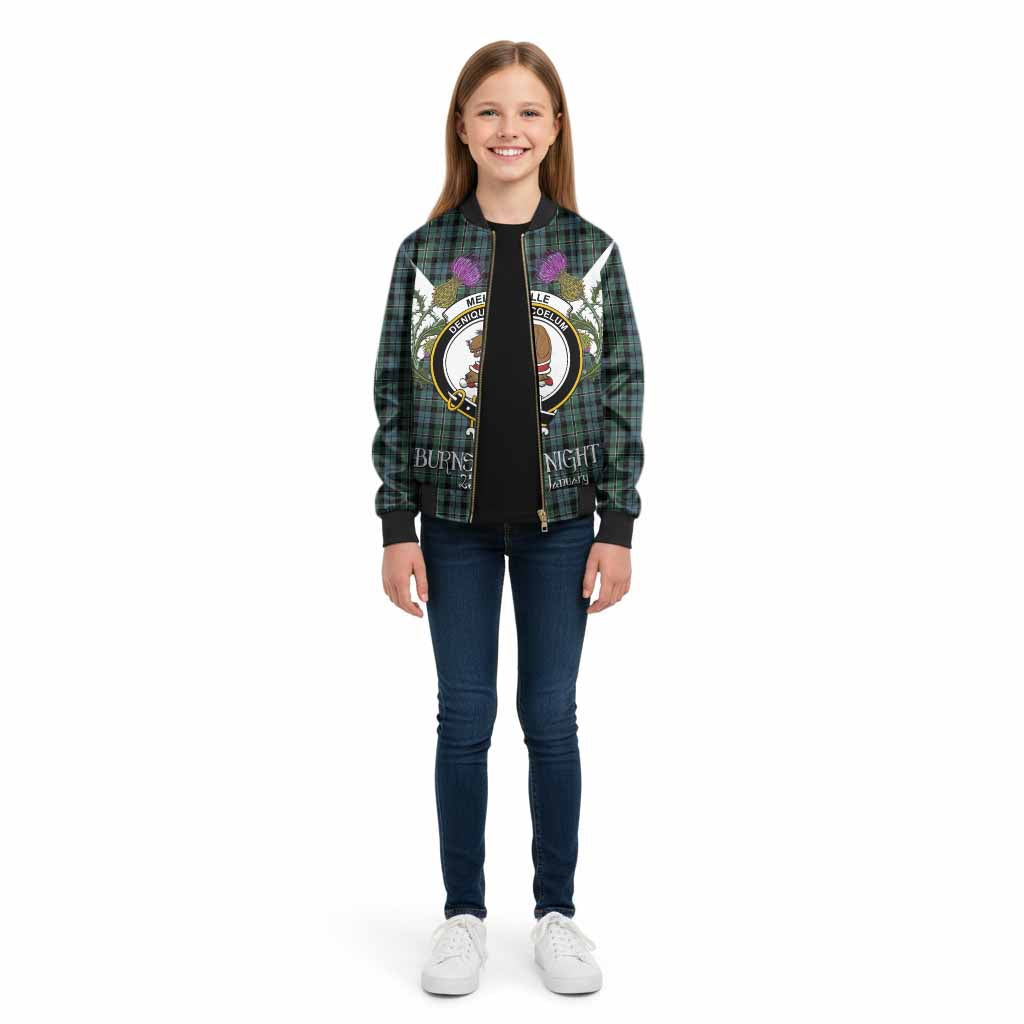 Melville Tartan Family Crest Kid Bomber Jacket Scottish Burns Night Thistle Floral