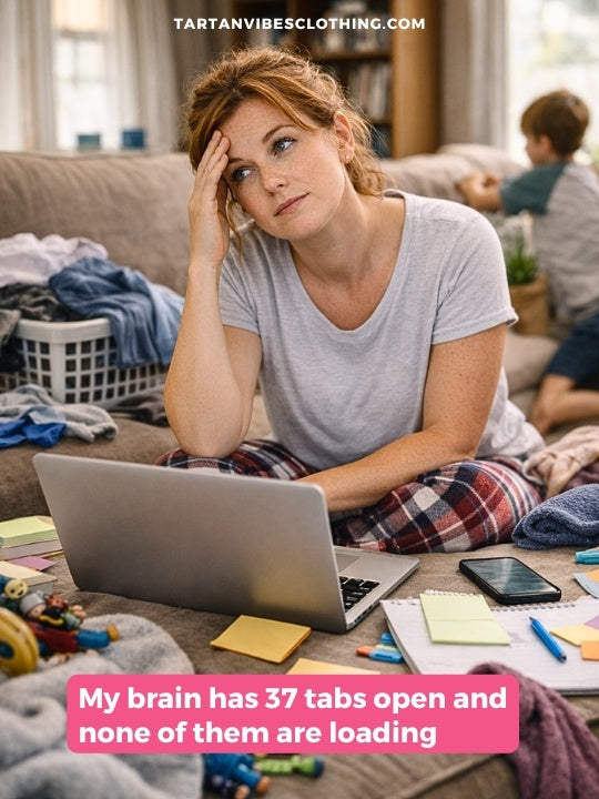 Mental overload mom joke: tired mom with laptop and messy home scene