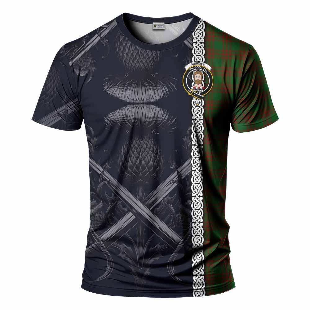 Tartan Vibes Clothing Menzies Tartan T-Shirt with Family Crest Cross Sword Thistle Celtic Vibes