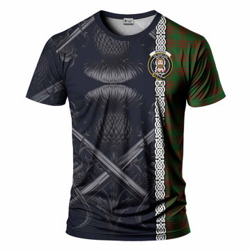 Menzies Tartan T-Shirt with Family Crest Cross Sword Thistle Celtic Vibes