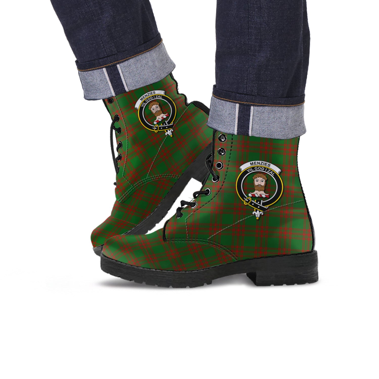 Menzies Tartan Leather Boots with Family Crest Men' Boots - Tartan Vibes Clothing