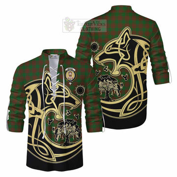 Menzies Tartan Ghillie Kilt Shirt with Family Crest Celtic Wolf Style Men - Tartan Vibes Clothing