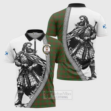 Menzies Tartan Clan Crest Zipper Polo Shirt with Highlander Warrior Celtic Style Unisex - Tartan Vibes Clothing