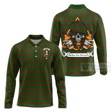 Menzies Tartan Long Sleeve Polo Shirt with Family Crest and Bearded Skull Holding Bottles of Whiskey Unisex - Tartan Vibes Clothing