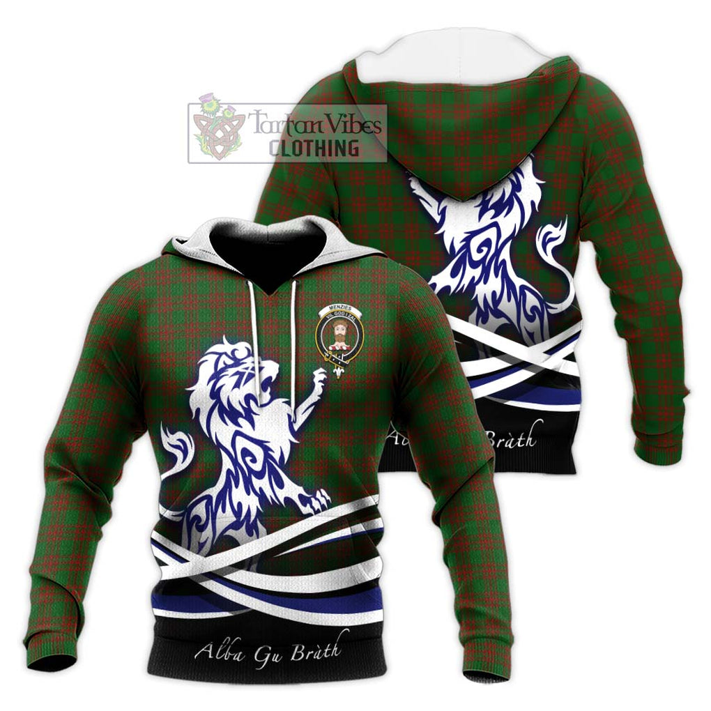 Menzies Tartan Knitted Hoodie with Alba Gu Brath Regal Lion Emblem Unisex Knitted Pullover Hoodie - Tartan Vibes Clothing