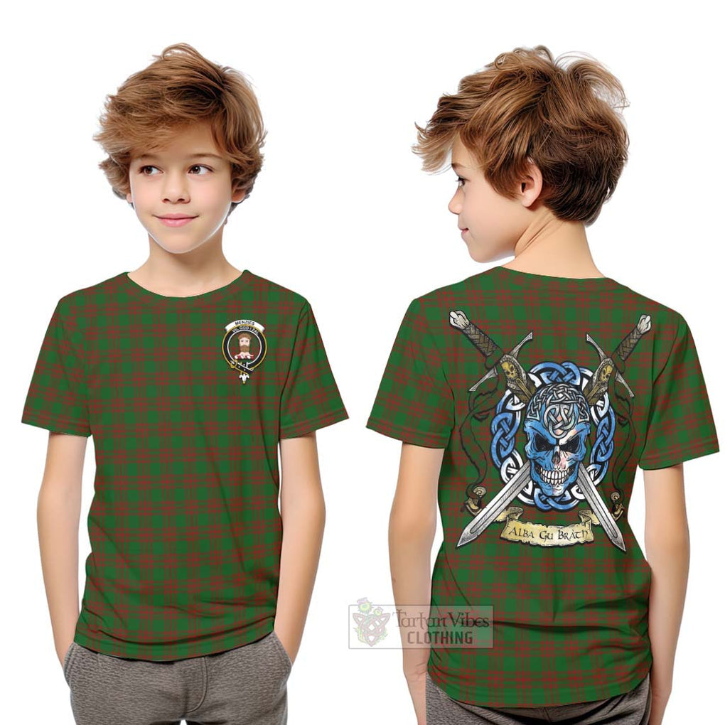 Menzies Tartan Kid T-Shirt with Family Crest Celtic Skull Style Youth XL Size14 - Tartan Vibes Clothing