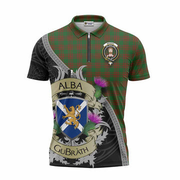 Menzies Tartan Family Crest Zipper Polo Shirt Lion Rampant Royal Thistle Shield Celtic Inspired Unisex - Tartan Vibes Clothing