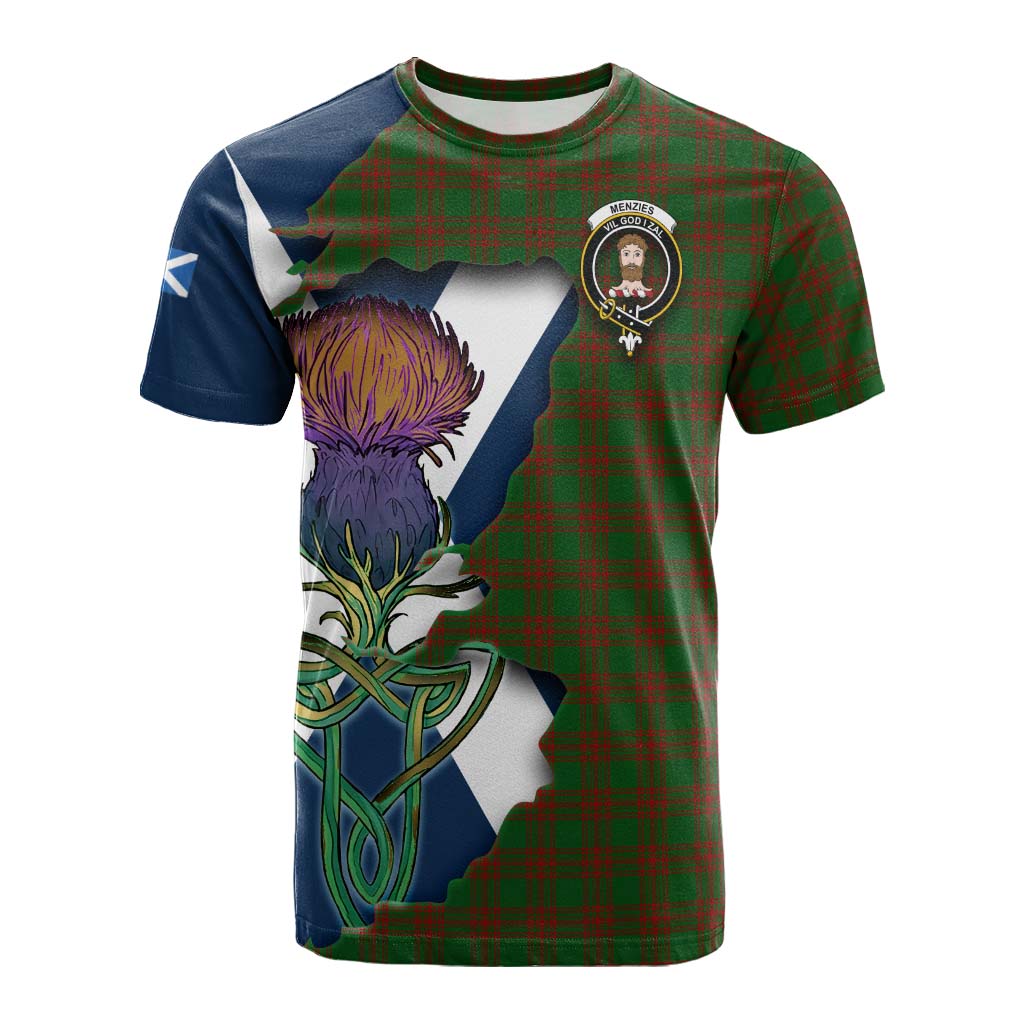 Tartan Vibes Clothing Menzies Tartan Family Crest Cotton T-shirt Scottish Thistle Celtic Inspired